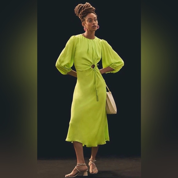 FARM Rio Dresses & Skirts - Farm Rio Lime Green Cutout Midi Dress NWT – Balloon Sleeve, Tassel Tie